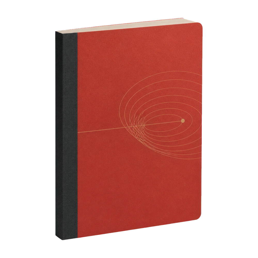 Terracotta Glowgen laboratory journal with an orbit motif.