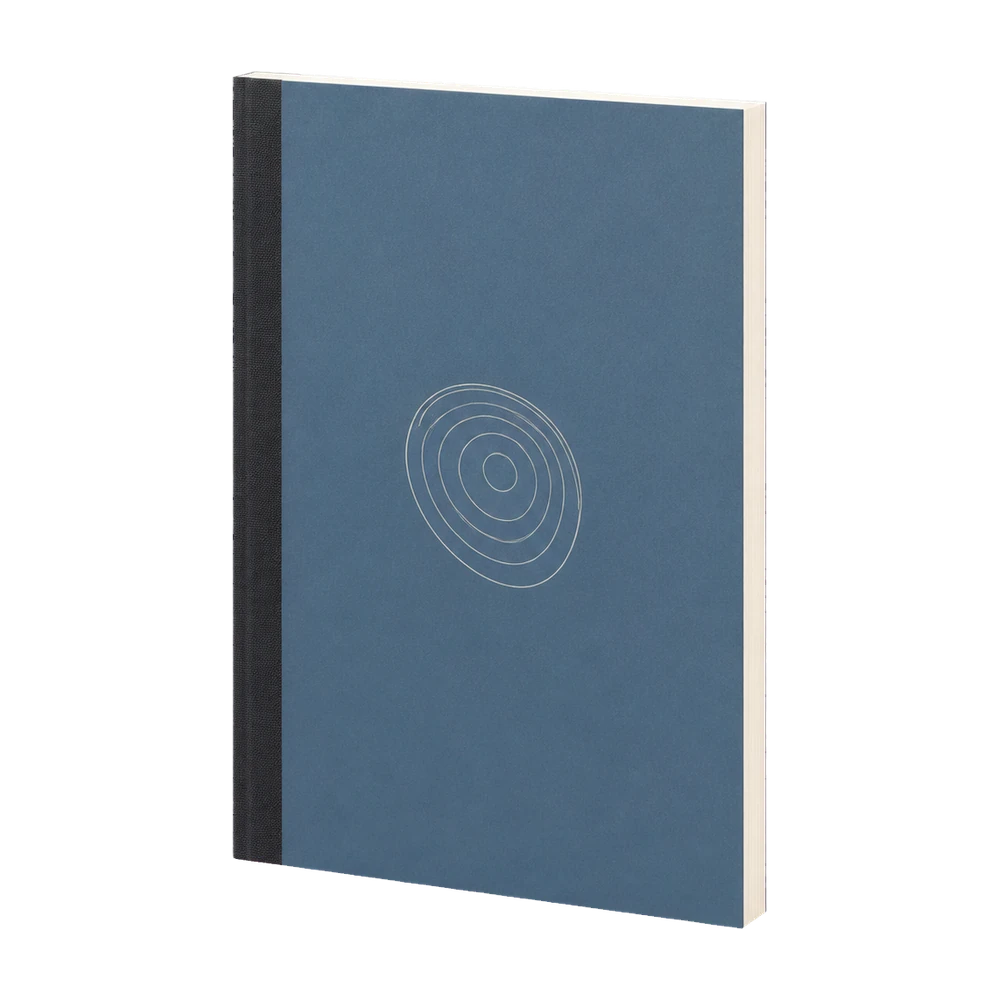 Steel-blue Glowgen laboratory journal with a small aperture motif.