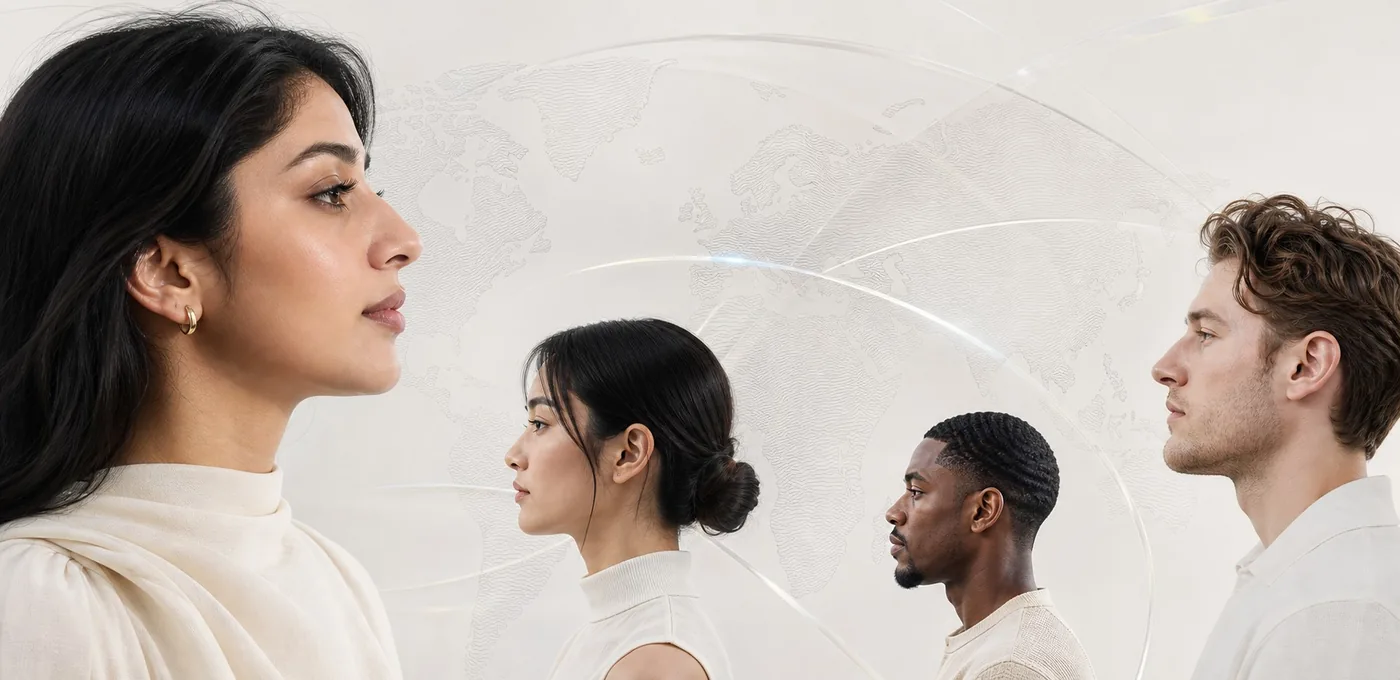 Four adults shown in profile against a subtle world map, representing personal context across different people.