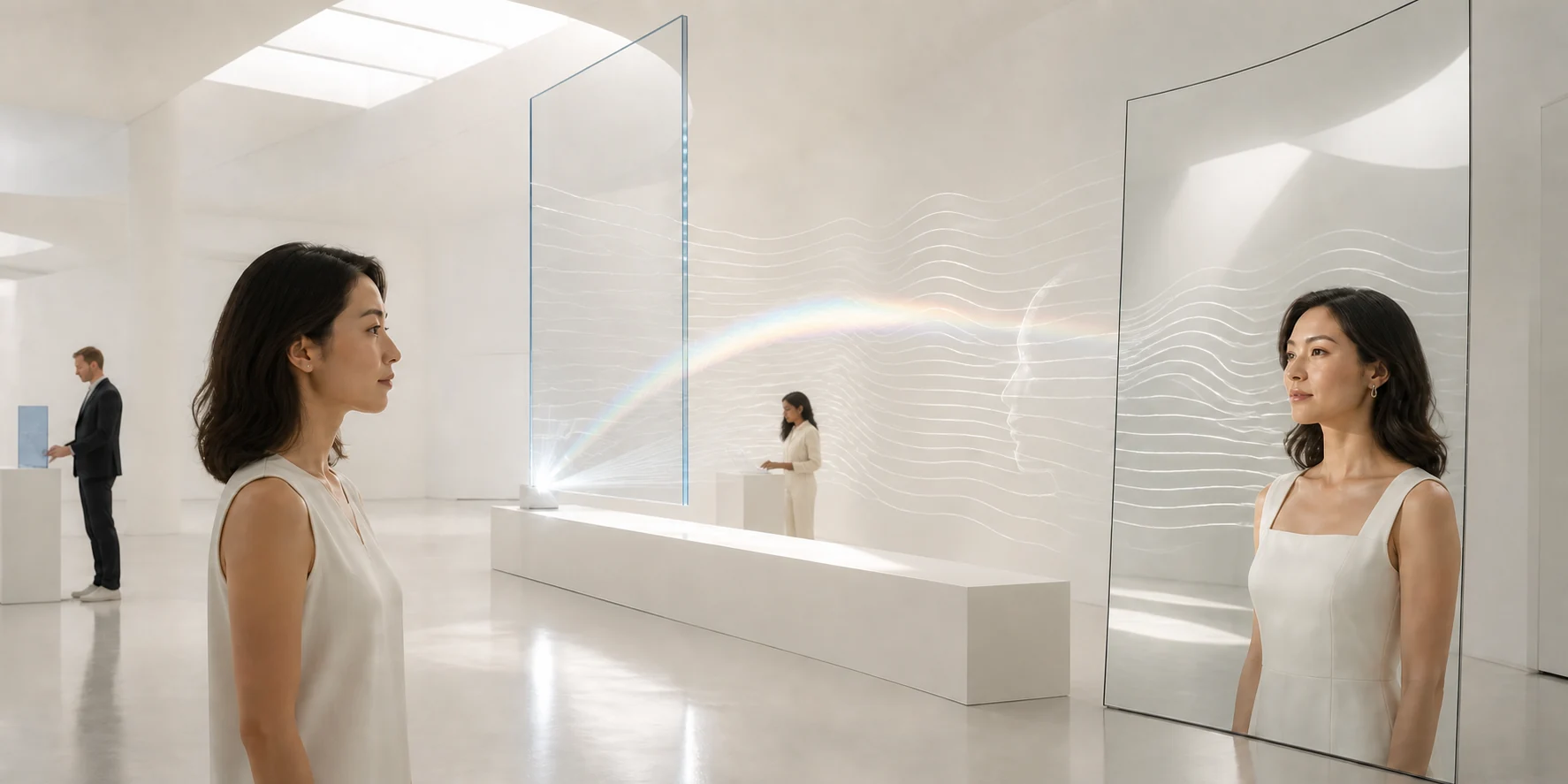 An East Asian woman sees her prepared direction in a curved mirror as projected contour light moves through a spacious visual-intelligence lab, with a white man and Pakistani woman participating in the background
