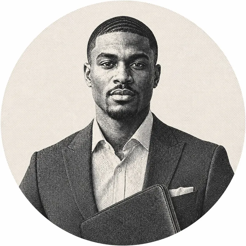 Jamesley in a tailored suit with a portfolio.