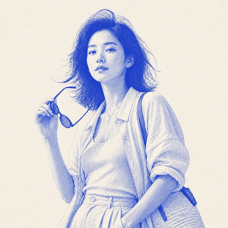 Mei in a refined linen travel look with sunglasses.